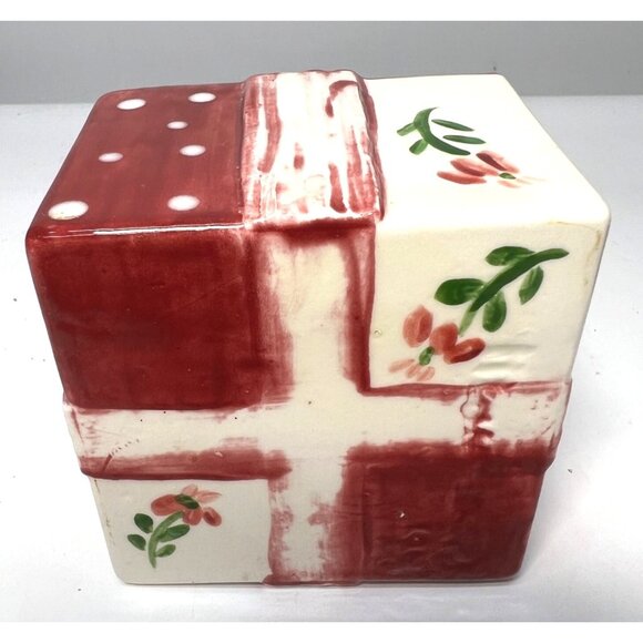 Hand-Painted Ceramic Gift Box-Shaped Container With Lid Red & White Polka Dot An - Picture 5 of 5